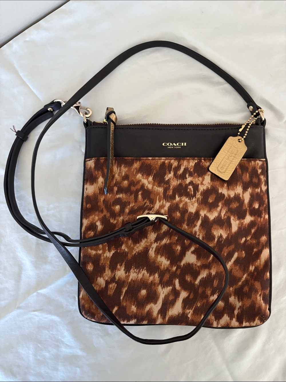 COACH Brown Leopard-Print Crossbody with Black Trim and Gold Hardware